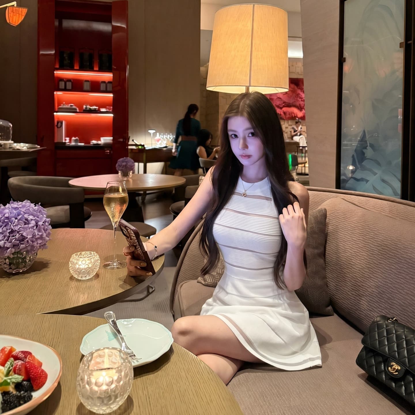 okmashop 장 원 영어 같은 단락 민소매 여성 드레스 여름 고급 센스 품격 홀로우 아웃 허리 수축 치마 이미지 6