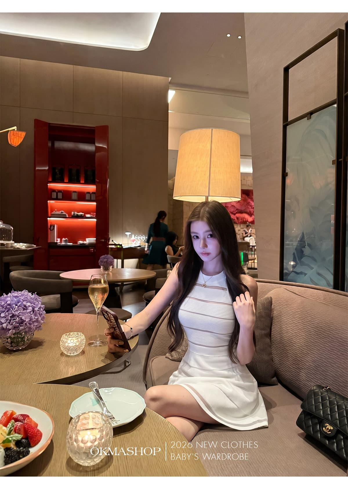 okmashop 장 원 영어 같은 단락 민소매 여성 드레스 여름 고급 센스 품격 홀로우 아웃 허리 수축 치마 상세 이미지 8