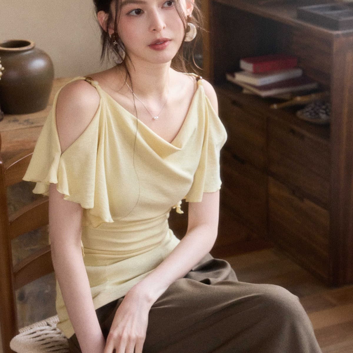 II 양 디자인 들어라. 란 블루 좋은 주간 실크 세 착용 프랑스식 흔들다 칼라 가을 어깨 의류 여성 오프숄더 프릴 티셔츠 이미지 5