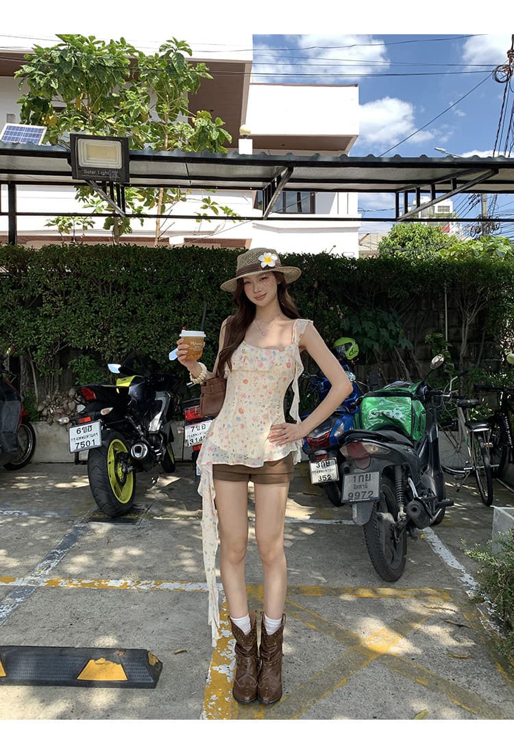 레드 맨 파빌리온 캐미솔 여름 외출용 2026 슈퍼 화재 연령 감소 황색 프랑스식 디자인 센스 꽃무늬 민소매 맨위 상세 이미지 7
