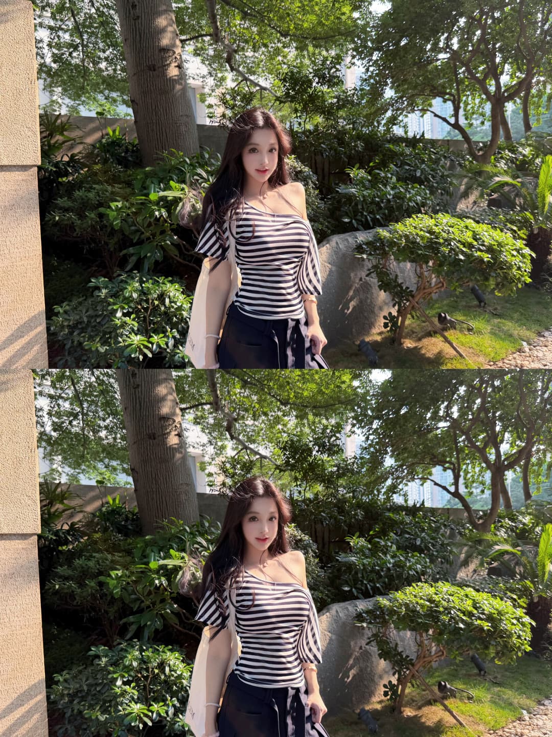 핫걸 바람 배색 스트라이프 비스듬한 어깨 허리 수축 반팔 티셔츠 여성 여름 몸매 가꾸기 슬림해 보이는 백리스 십자가 스트랩 맨위 상세 이미지 1