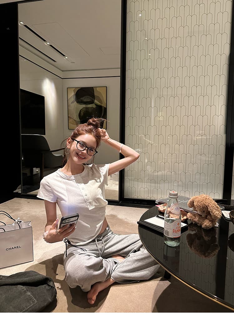 goo goo eyes 볼륨 측면 다용도 헨리 셔츠 칼라 티셔츠 길다 반팔 여성 여름 새로운 캐주얼 루즈핏 맨위 상세 이미지 8