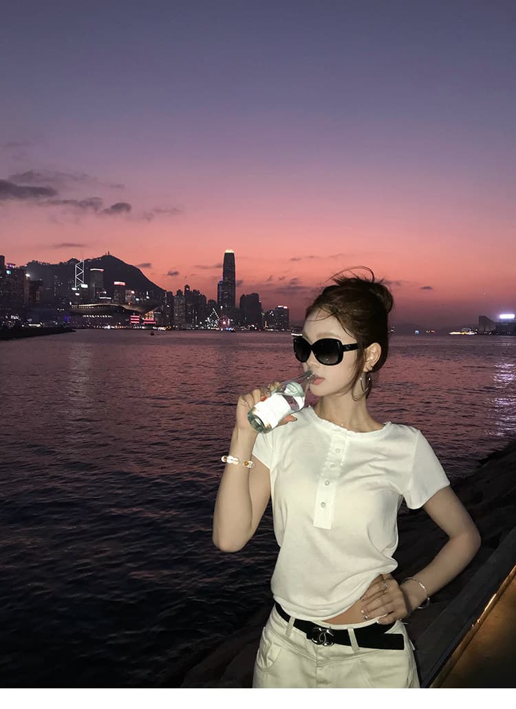 goo goo eyes 볼륨 측면 다용도 헨리 셔츠 칼라 티셔츠 길다 반팔 여성 여름 새로운 캐주얼 루즈핏 맨위 상세 이미지 14