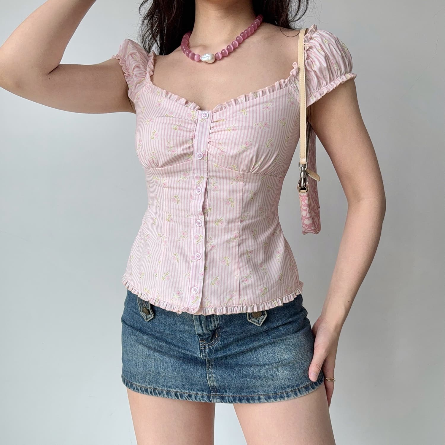 go girl go 직접 만든 프랑스식 달콤함 핑크색 스트라이프 거품 소매 작은 맨위 여성 여름 몸매 가꾸기 반팔 셔츠 상세 이미지 6