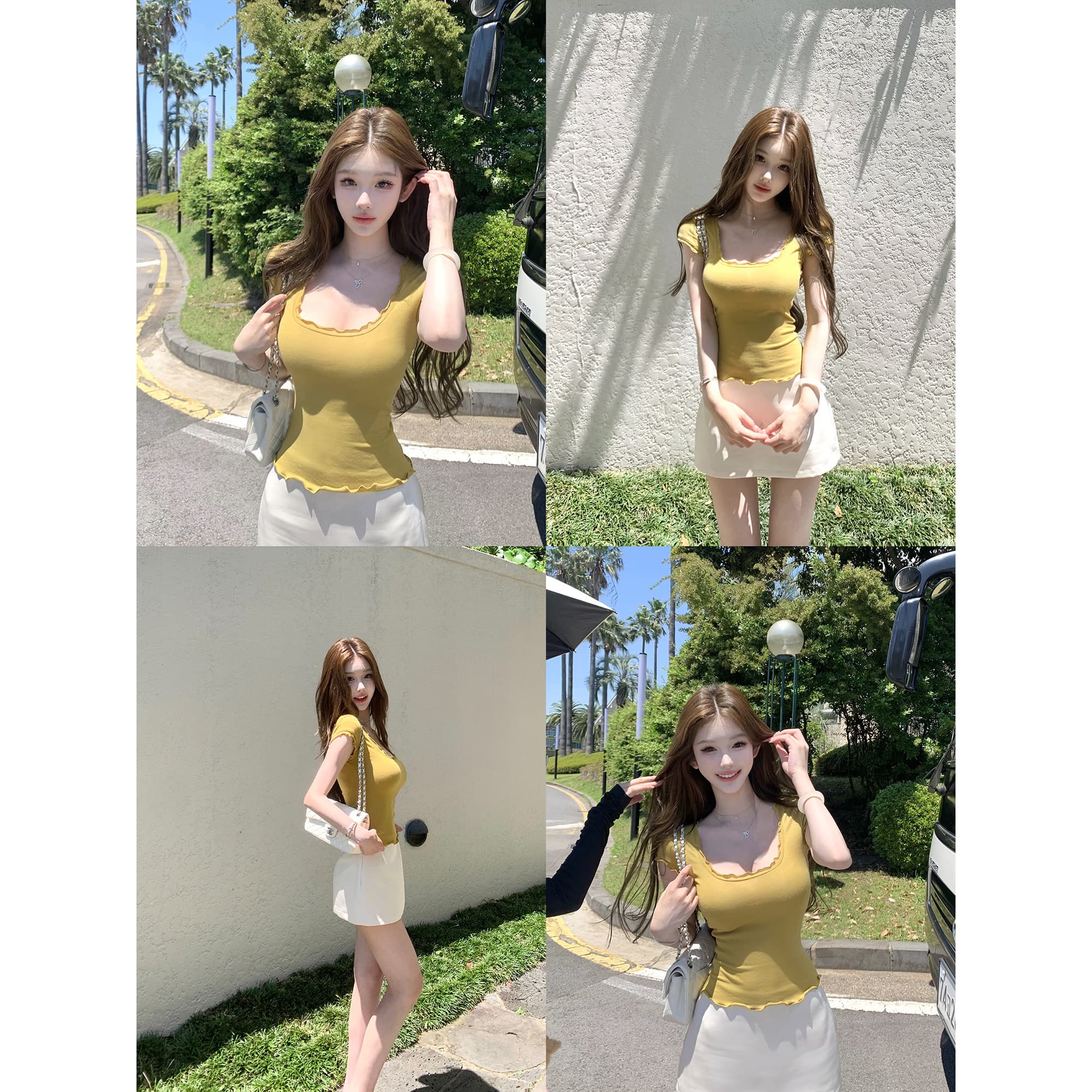 jmshop 아름다움 욕망 빛 요리 한 tee 정회원 보존 프릴 반팔 티셔츠 여성 u 칼라 물결무늬 측면에 의류 이미지 4