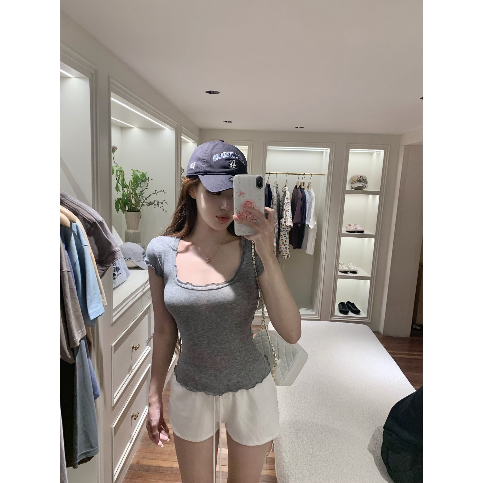 jmshop 아름다움 욕망 빛 요리 한 tee 정회원 보존 프릴 반팔 티셔츠 여성 u 칼라 물결무늬 측면에 의류 이미지 5