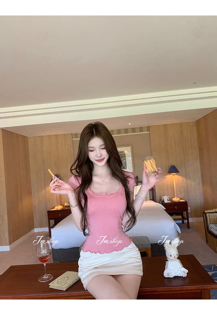 jmshop 아름다움 욕망 빛 요리 한 tee 정회원 보존 프릴 반팔 티셔츠 여성 u 칼라 물결무늬 측면에 의류 상세 이미지 8