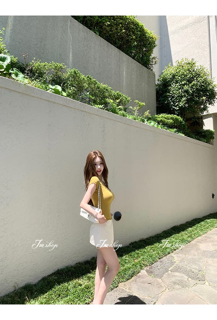 jmshop 아름다움 욕망 빛 요리 한 tee 정회원 보존 프릴 반팔 티셔츠 여성 u 칼라 물결무늬 측면에 의류 상세 이미지 10