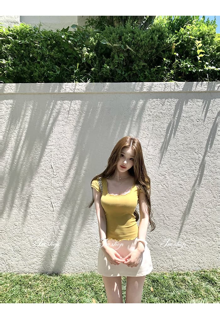 jmshop 아름다움 욕망 빛 요리 한 tee 정회원 보존 프릴 반팔 티셔츠 여성 u 칼라 물결무늬 측면에 의류 상세 이미지 11