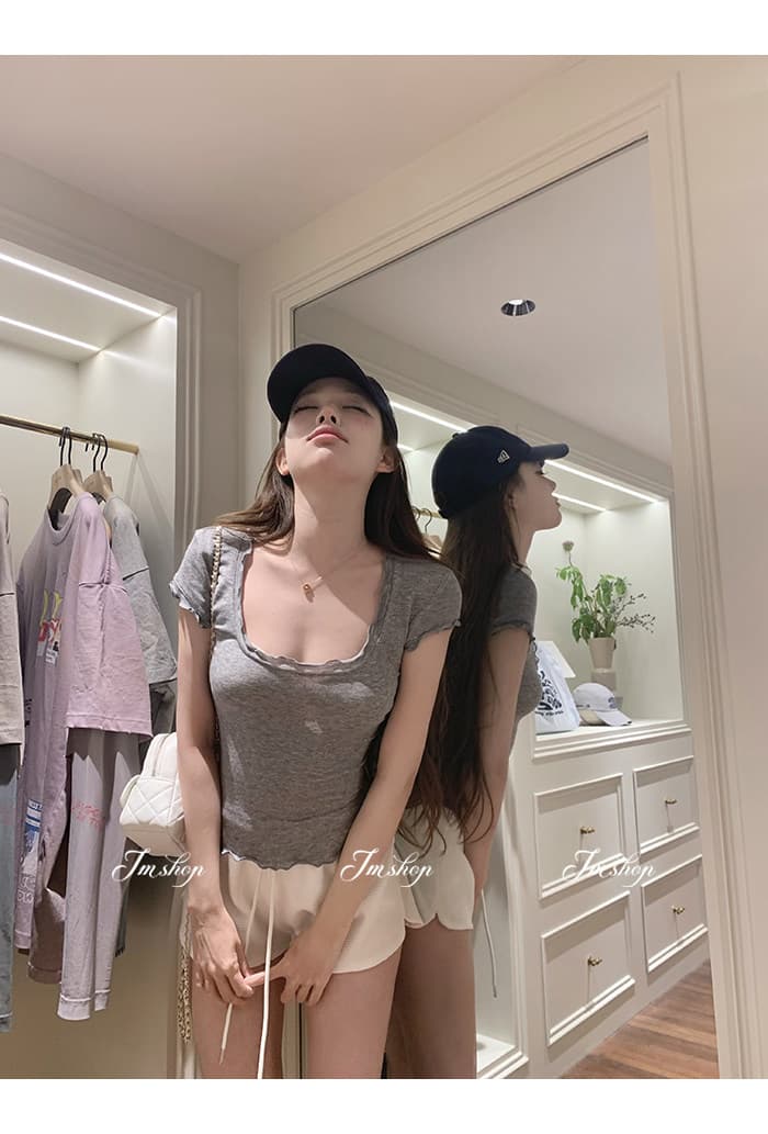 jmshop 아름다움 욕망 빛 요리 한 tee 정회원 보존 프릴 반팔 티셔츠 여성 u 칼라 물결무늬 측면에 의류 상세 이미지 13