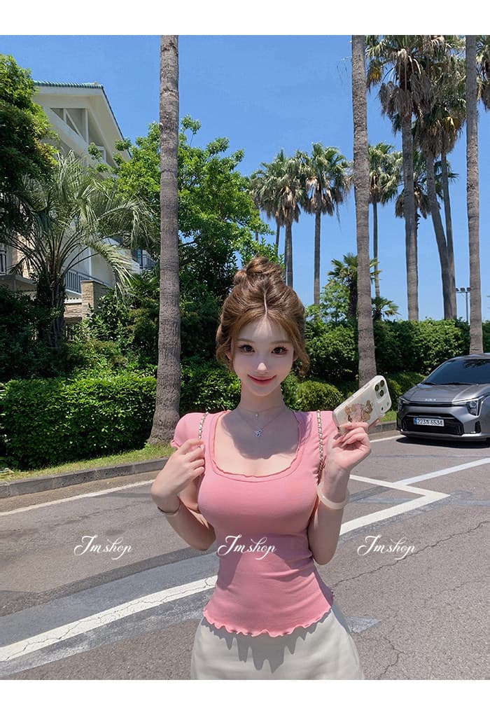jmshop 아름다움 욕망 빛 요리 한 tee 정회원 보존 프릴 반팔 티셔츠 여성 u 칼라 물결무늬 측면에 의류 상세 이미지 16