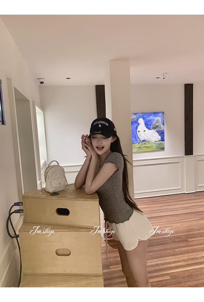 jmshop 아름다움 욕망 빛 요리 한 tee 정회원 보존 프릴 반팔 티셔츠 여성 u 칼라 물결무늬 측면에 의류 상세 이미지 23