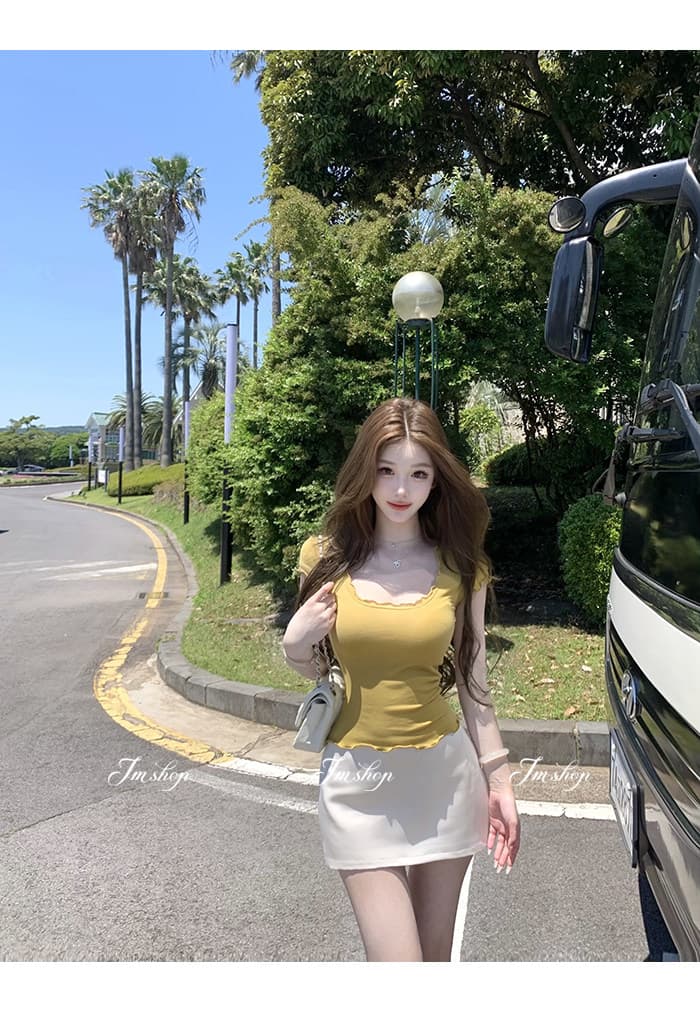 jmshop 아름다움 욕망 빛 요리 한 tee 정회원 보존 프릴 반팔 티셔츠 여성 u 칼라 물결무늬 측면에 의류 상세 이미지 25