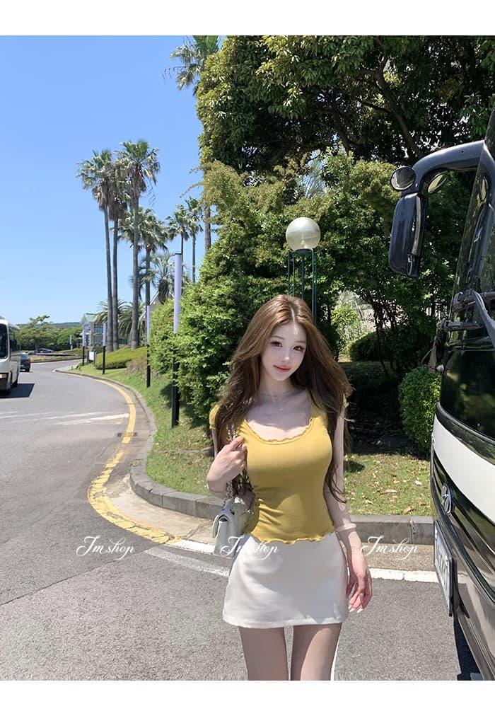 jmshop 아름다움 욕망 빛 요리 한 tee 정회원 보존 프릴 반팔 티셔츠 여성 u 칼라 물결무늬 측면에 의류 상세 이미지 26