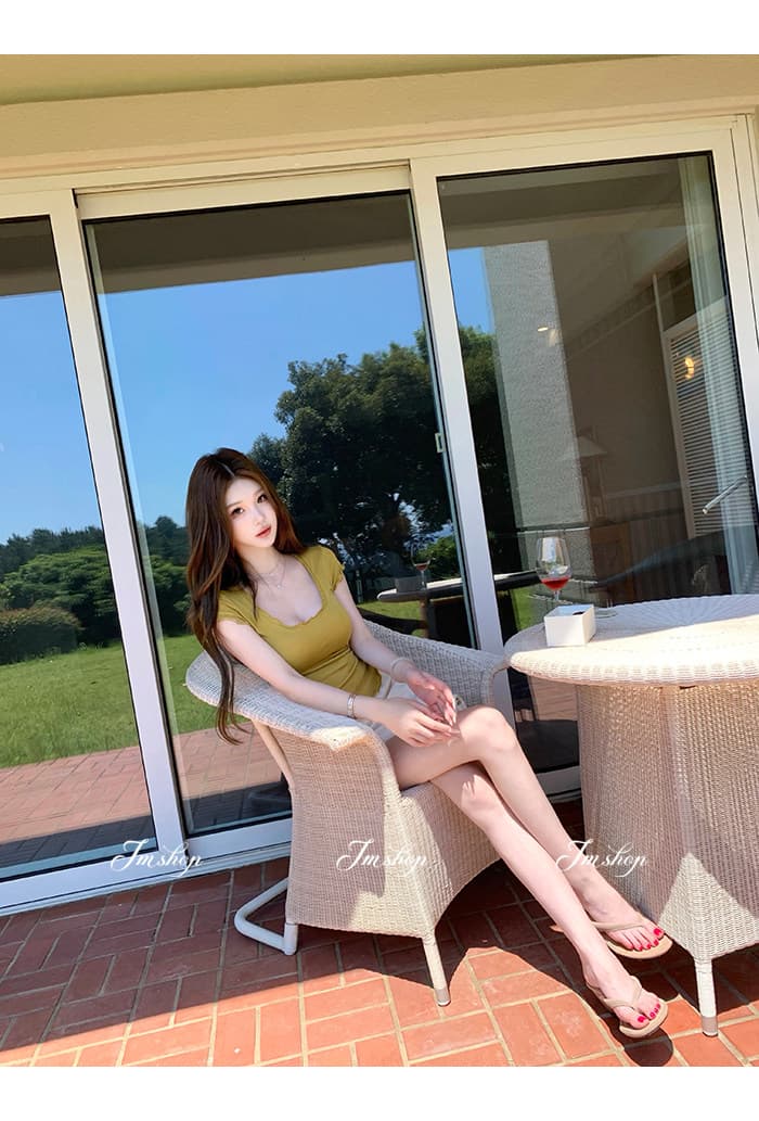 jmshop 아름다움 욕망 빛 요리 한 tee 정회원 보존 프릴 반팔 티셔츠 여성 u 칼라 물결무늬 측면에 의류 상세 이미지 27