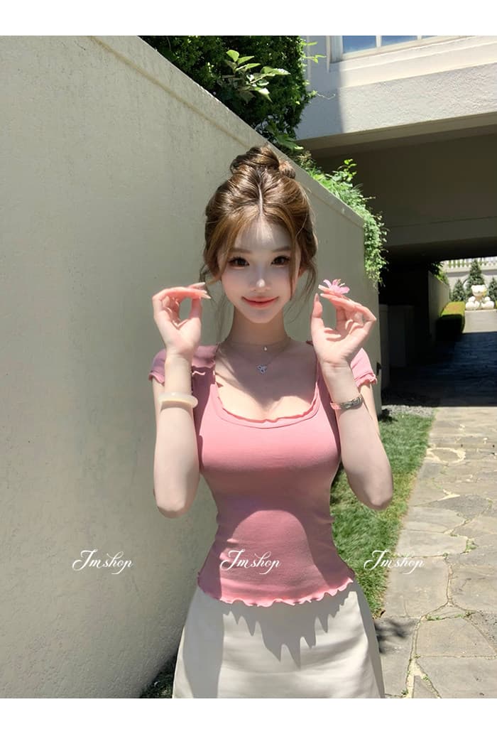 jmshop 아름다움 욕망 빛 요리 한 tee 정회원 보존 프릴 반팔 티셔츠 여성 u 칼라 물결무늬 측면에 의류 상세 이미지 28