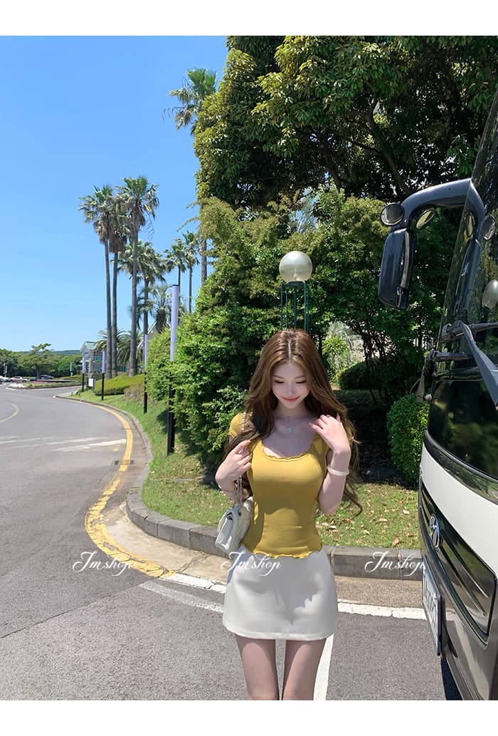 jmshop 아름다움 욕망 빛 요리 한 tee 정회원 보존 프릴 반팔 티셔츠 여성 u 칼라 물결무늬 측면에 의류 상세 이미지 30