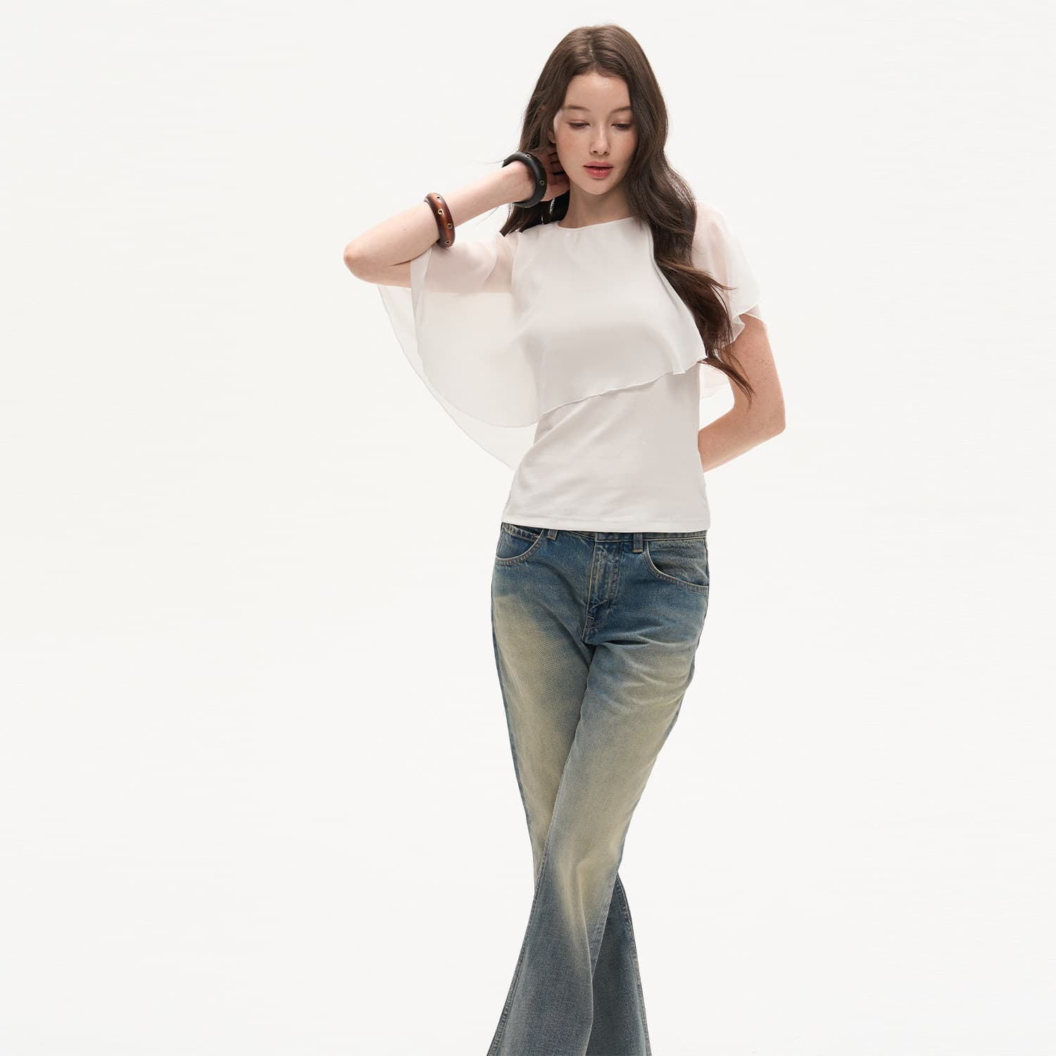 punch 오리지널 여름 휴가 품격 망토 쉬폰 반팔 데이트 여성 불규칙 이미지 3