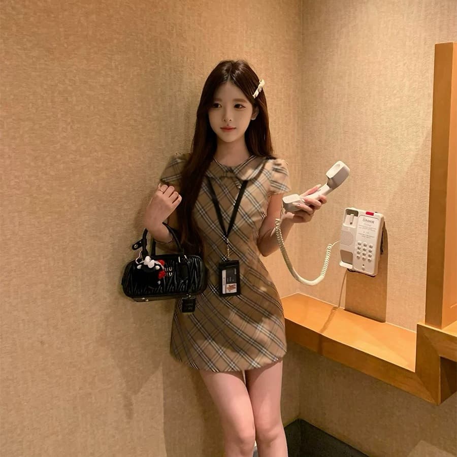 2026 섹션 베이비 칼라 체크무늬 치마 천 골드 센스 달콤함 드레스 슬림해 보이는 섹션 슈퍼 잘 생긴 중 고풍 허리 수축 여성 의류 이미지 5