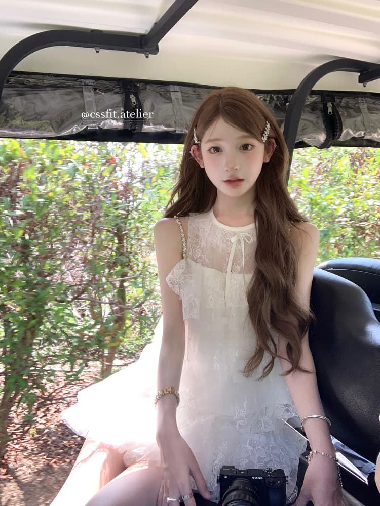 늦게 우산 우산 26 ss 시칠리아 아몬드 jor a 망사 자수 민소매 맨위 퍼프 미니 스커트 세트 이미지 3
