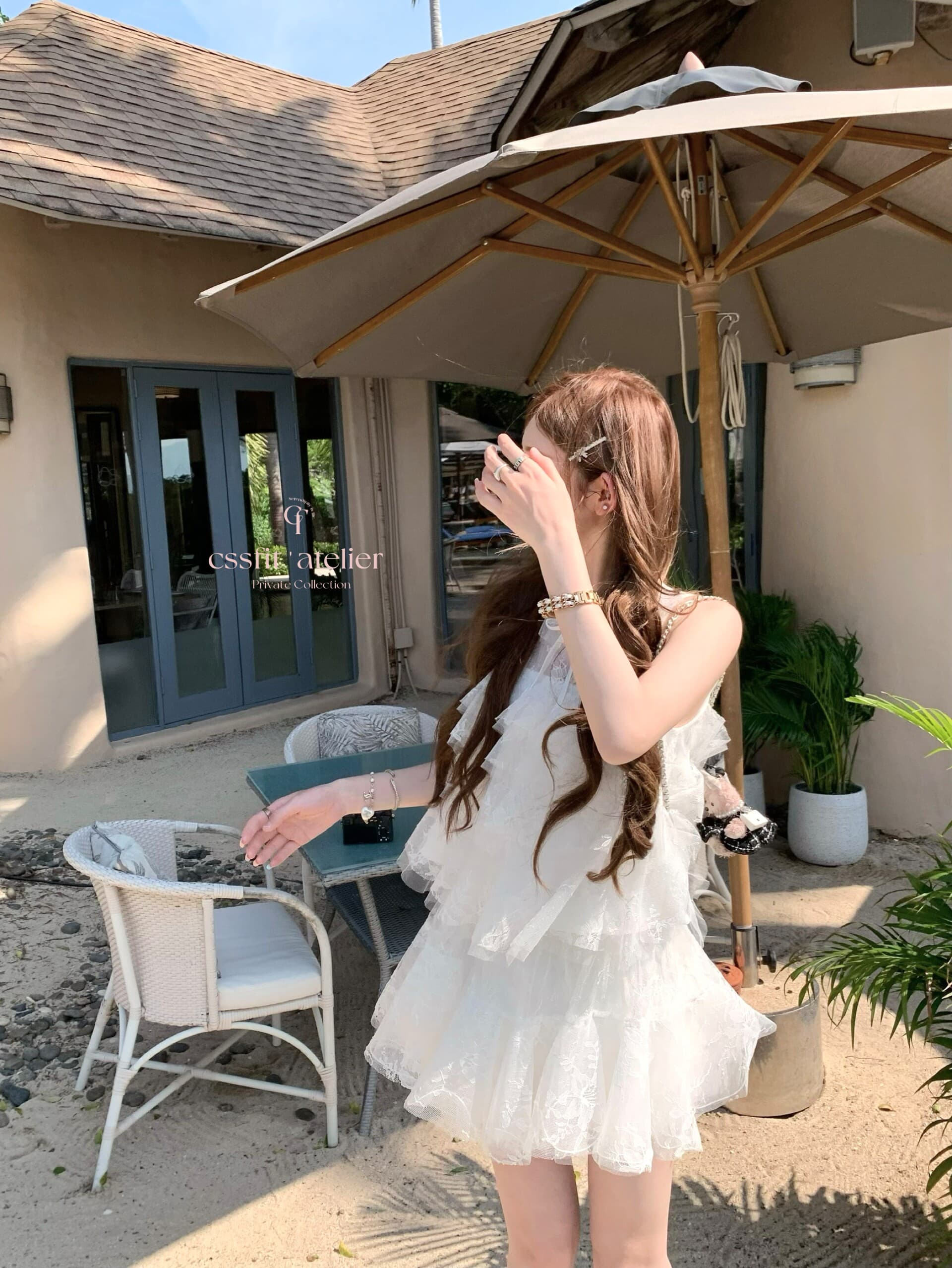 늦게 우산 우산 26 ss 시칠리아 아몬드 jor a 망사 자수 민소매 맨위 퍼프 미니 스커트 세트 상세 이미지 13