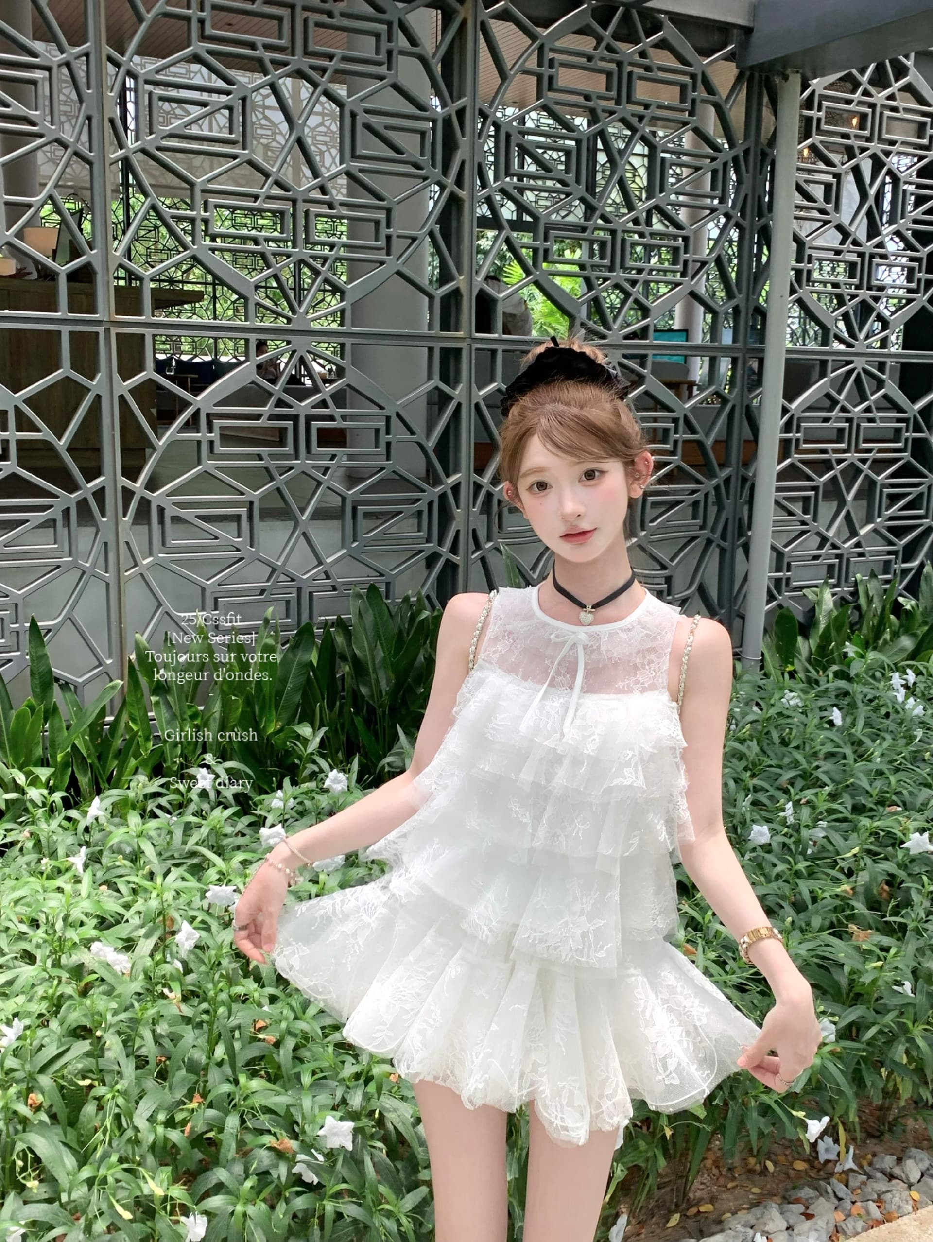 늦게 우산 우산 26 ss 시칠리아 아몬드 jor a 망사 자수 민소매 맨위 퍼프 미니 스커트 세트 상세 이미지 29