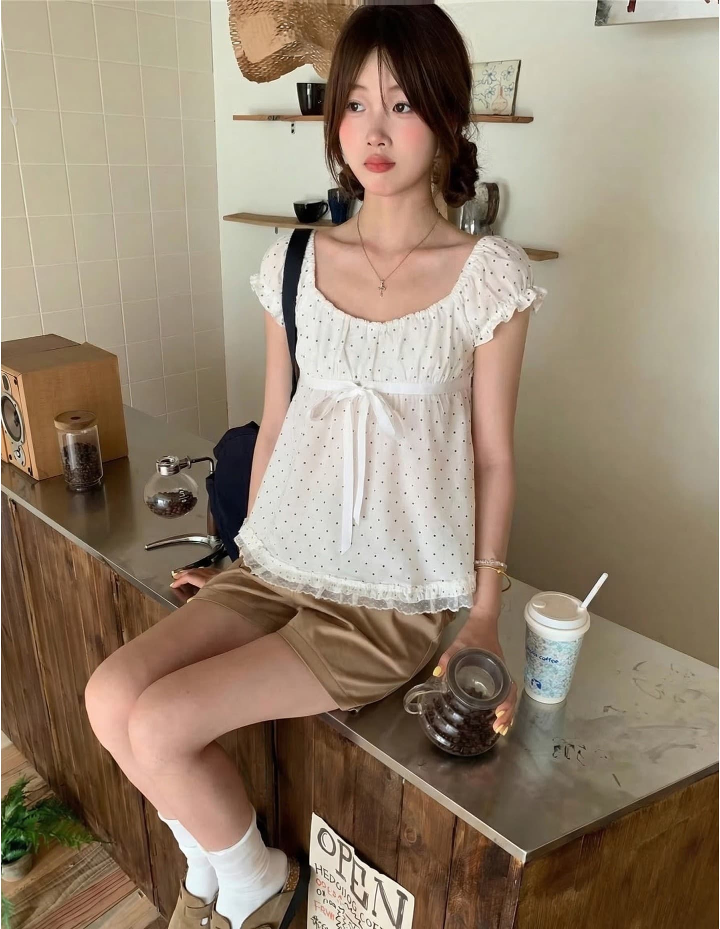 pphome 직접 만든 산소 달콤한 자매 도트 무늬 레이스 거품 소매 귀여운 셔츠 반팔 티셔츠 여름 루즈핏 맨위 이미지 2