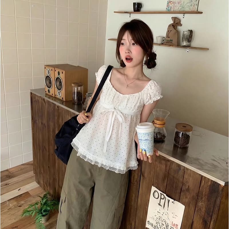 pphome 직접 만든 산소 달콤한 자매 도트 무늬 레이스 거품 소매 귀여운 셔츠 반팔 티셔츠 여름 루즈핏 맨위 이미지 5