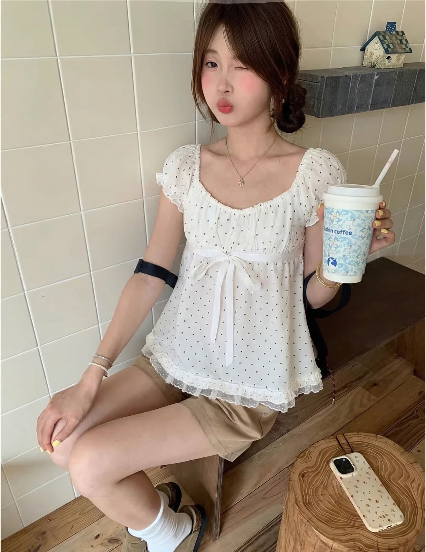 pphome 직접 만든 산소 달콤한 자매 도트 무늬 레이스 거품 소매 귀여운 셔츠 반팔 티셔츠 여름 루즈핏 맨위 상세 이미지 3