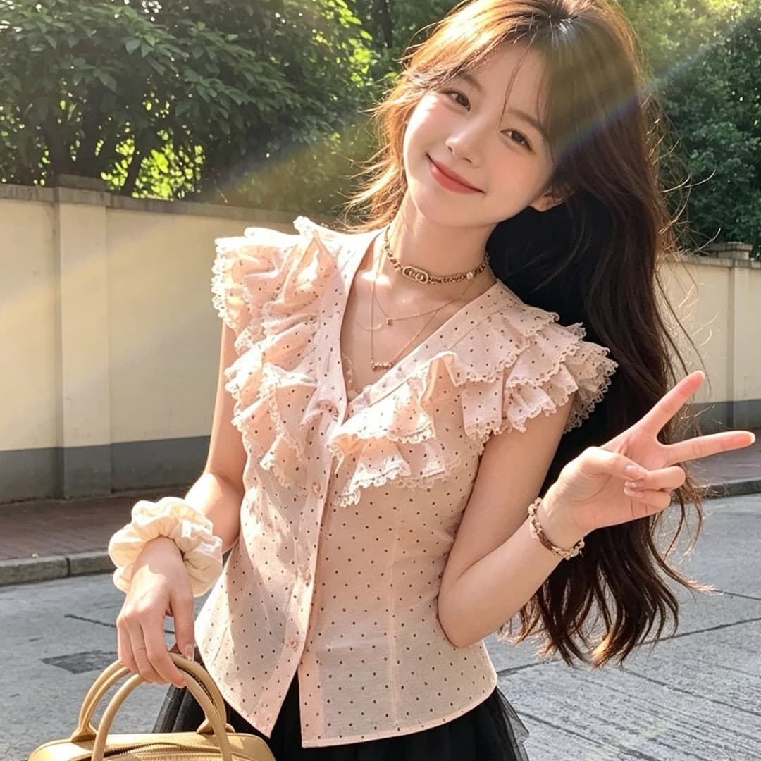 달콤함 핑크색 V넥 프릴 도트 무늬 여성 셔츠 여름 고급 센스 슈퍼 화재 연령 감소 외국 가스 작은 날다 소매 맨위 상세 이미지 7