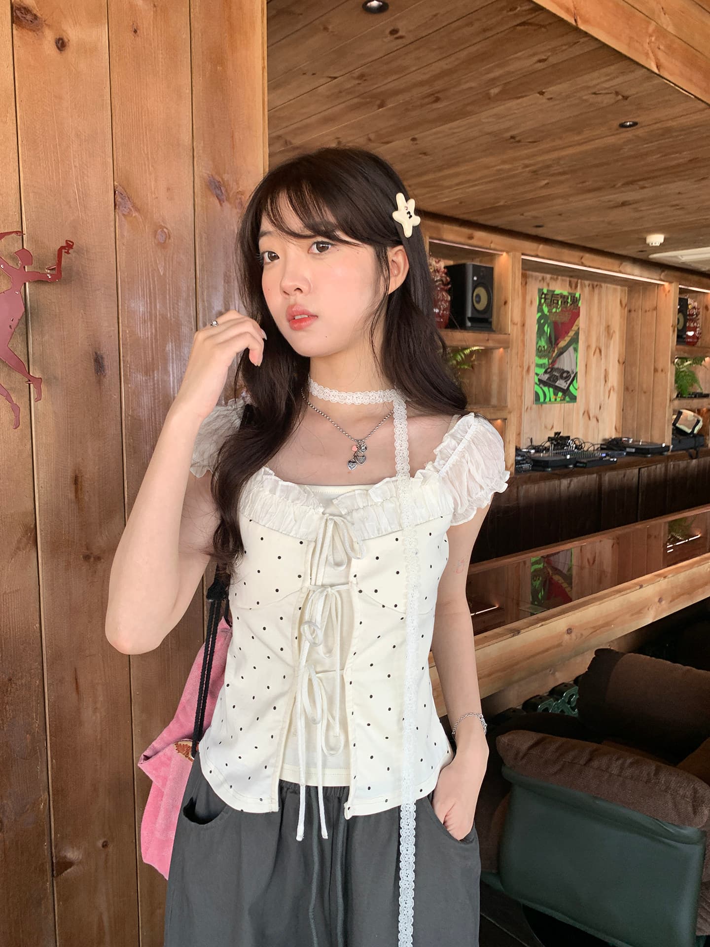 hollyii 한 부서 부드러운 몸매 가꾸기 페이크 레이어드 도트 무늬 프린트 동점 벨트 리본 맨위 2026 여름 새로운 상세 이미지 10