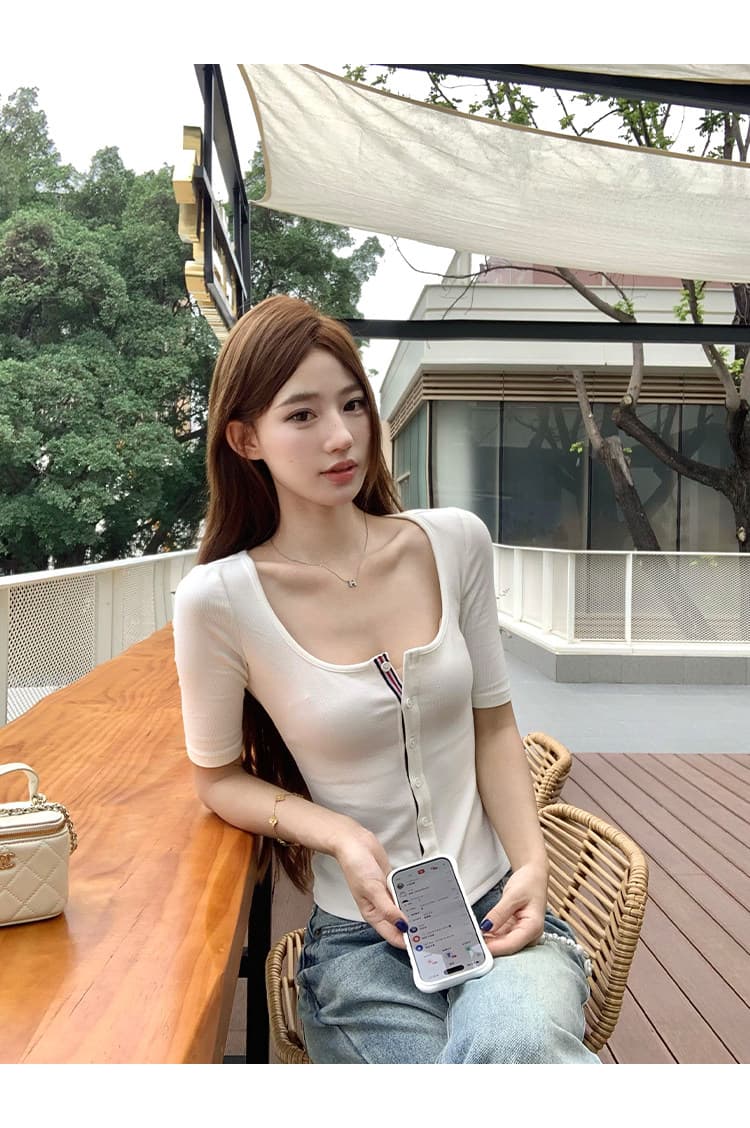 송 긍정적 인 En 화이트 리본 7부 소매 중간 소매 티셔츠 여성 여름 새로운 몸매 가꾸기 미니멀리즘 다용도 쇼트 스타일 작은 맨위 상세 이미지 4