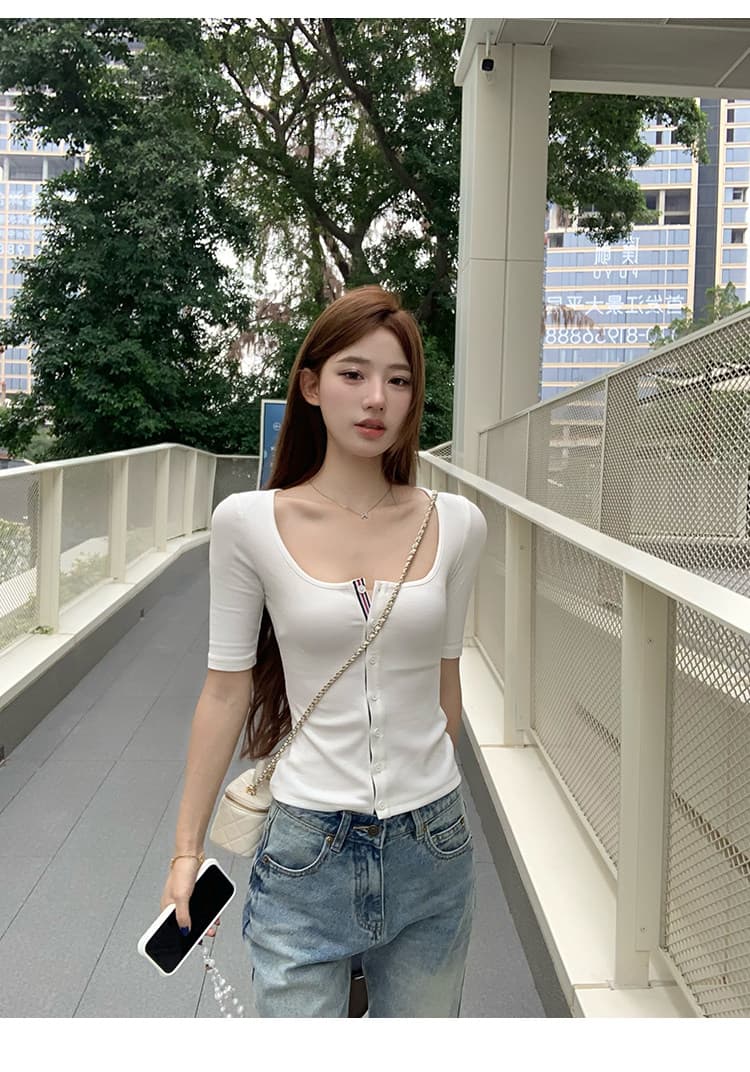 송 긍정적 인 En 화이트 리본 7부 소매 중간 소매 티셔츠 여성 여름 새로운 몸매 가꾸기 미니멀리즘 다용도 쇼트 스타일 작은 맨위 상세 이미지 5