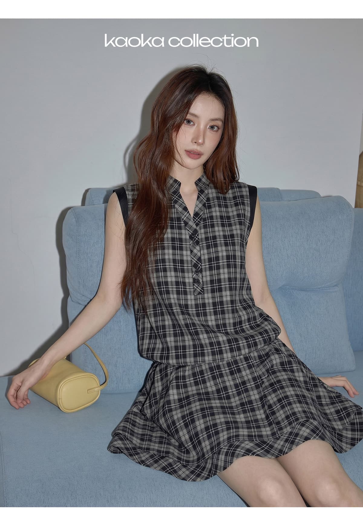 시끄러운 홈 고급 센스 검정색 체크무늬 V넥 민소매 여성 드레스 2026 여름 허리 수축 단추 한 마디 미니 스커트 상세 이미지 9