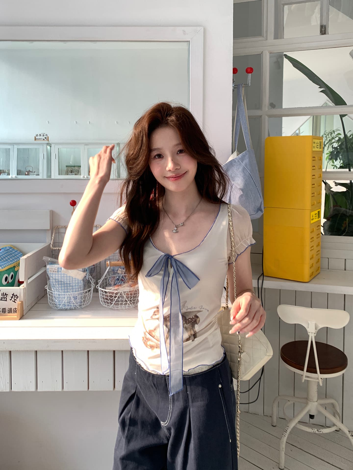 soote season 오리지널 한 부서 라이 경기 서울 주간 실크 레트로 패치워크 작은 사슴 프린트 리본 티셔츠 맨위 여성 상세 이미지 3