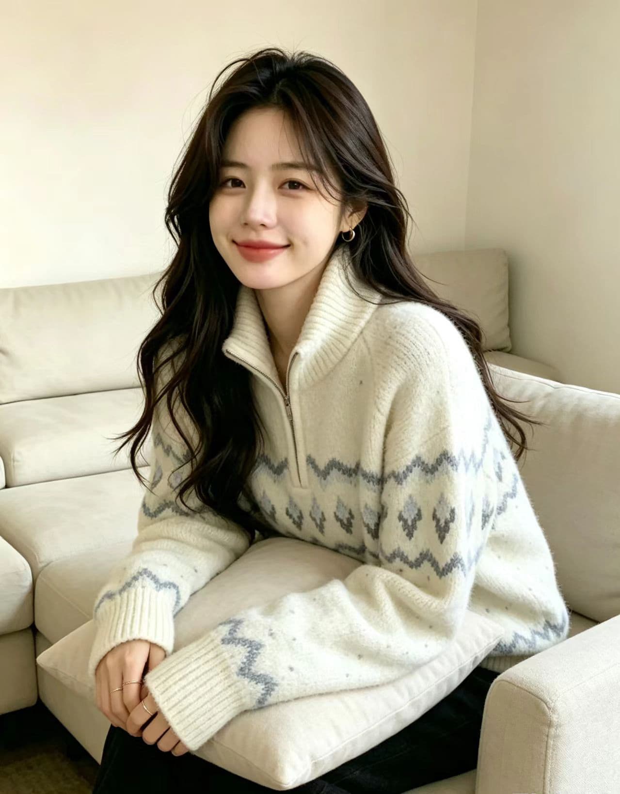 실사 느긋한 바람 자수 공정한 섬 니트 스웨터 2026 가을 겨울철 새로운 연령 감소 하프 지퍼 스웨터 맨위 여성 이미지 4