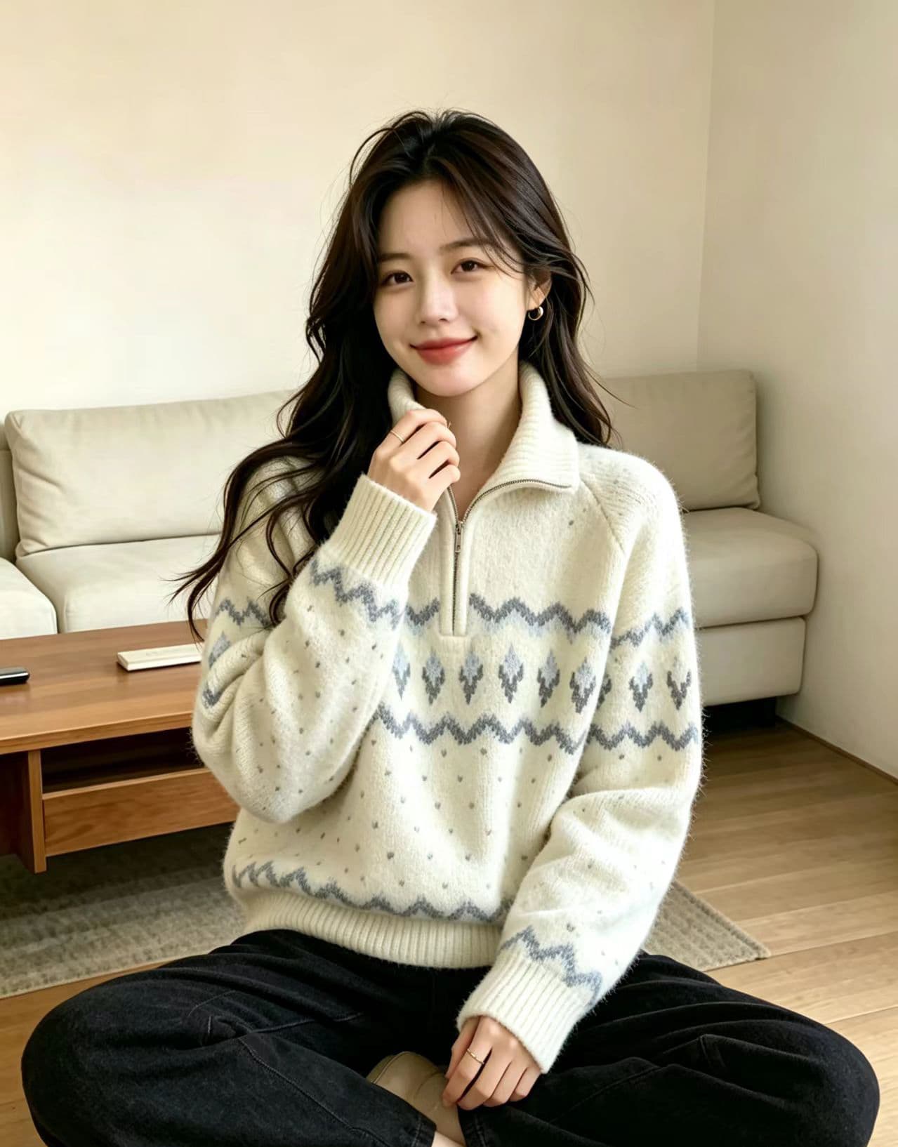 실사 느긋한 바람 자수 공정한 섬 니트 스웨터 2026 가을 겨울철 새로운 연령 감소 하프 지퍼 스웨터 맨위 여성 상세 이미지 3