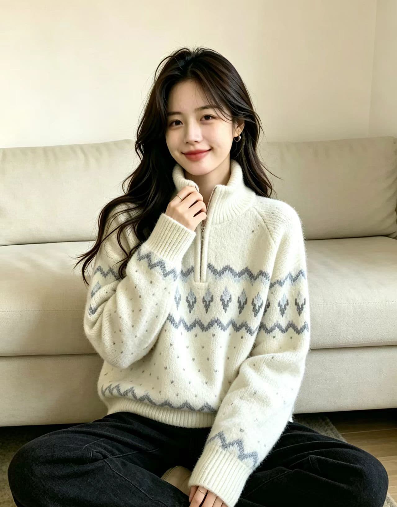 실사 느긋한 바람 자수 공정한 섬 니트 스웨터 2026 가을 겨울철 새로운 연령 감소 하프 지퍼 스웨터 맨위 여성 상세 이미지 4
