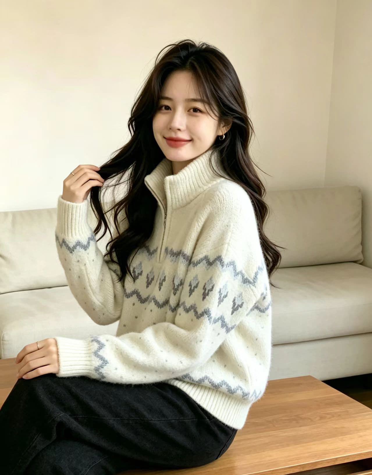 실사 느긋한 바람 자수 공정한 섬 니트 스웨터 2026 가을 겨울철 새로운 연령 감소 하프 지퍼 스웨터 맨위 여성 상세 이미지 5