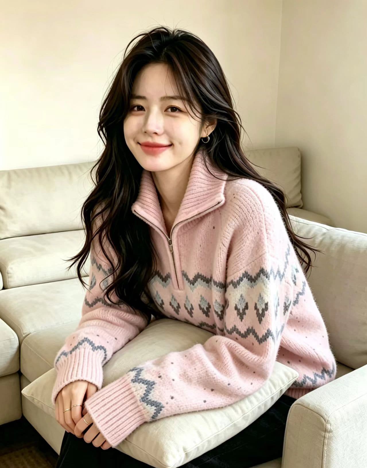실사 느긋한 바람 자수 공정한 섬 니트 스웨터 2026 가을 겨울철 새로운 연령 감소 하프 지퍼 스웨터 맨위 여성 상세 이미지 8