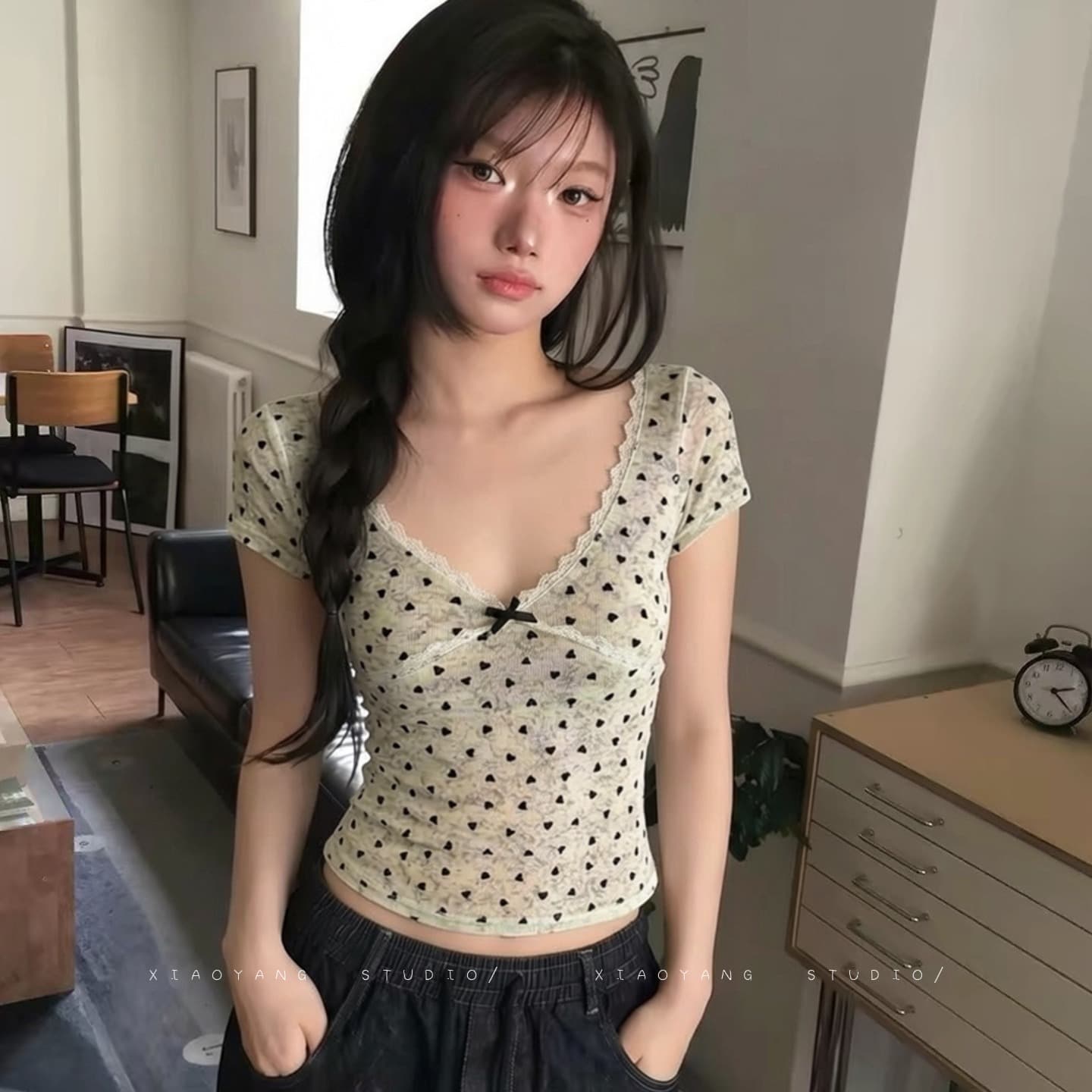 어린 양 홈 순수한 욕망 홀치기 염색 프린트 식물 플러시 레이스 V넥 반팔 티셔츠 여성 여름 디자인 센스 하트 도트 무늬 맨위 이미지 6
