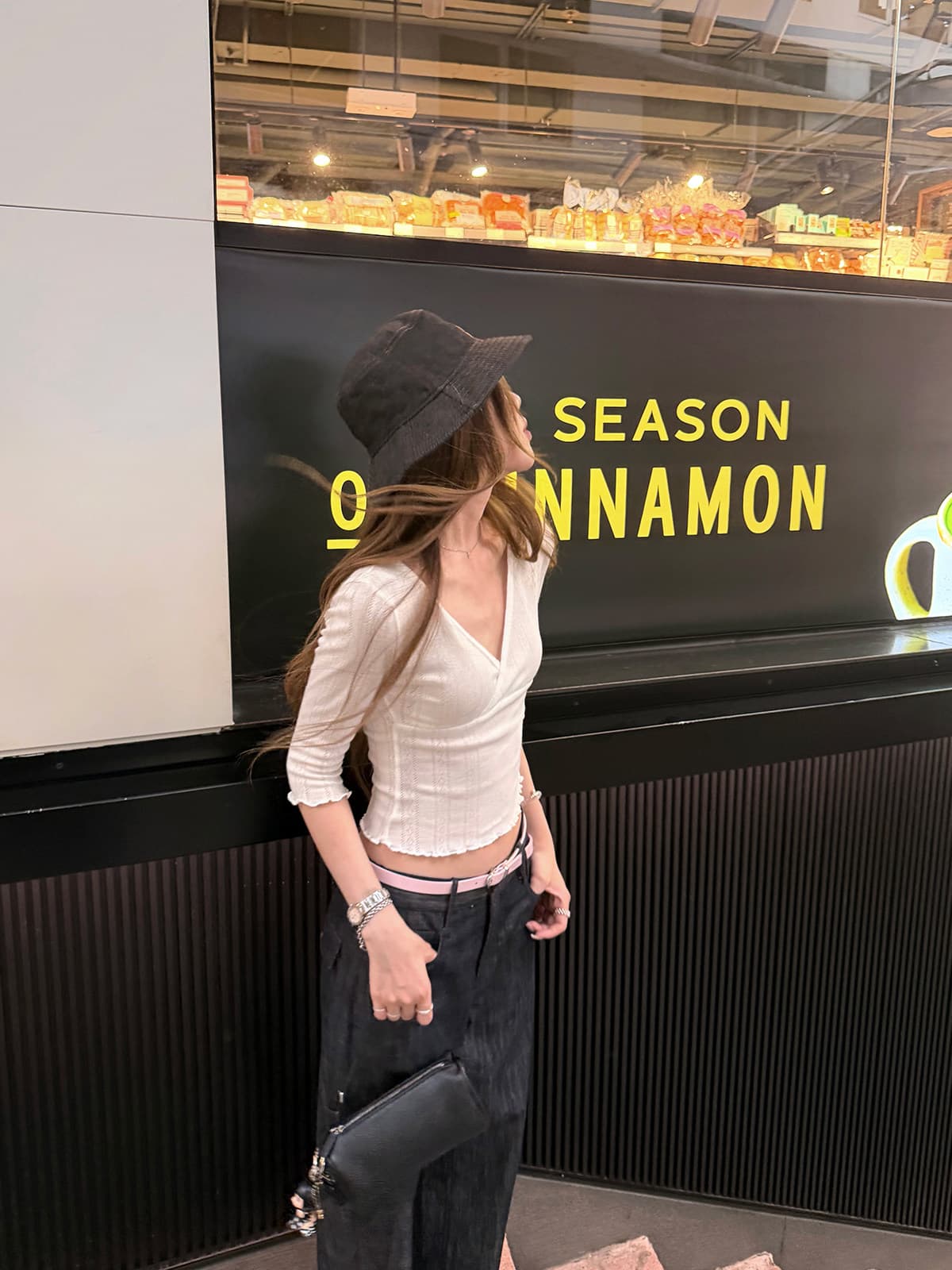 yookson 빛 산소 soft 아름다움 센스 한 부서 부드러운 십자가 칼라 웨이브 측면 몸매 가꾸기 중간 소매 맨위 상세 이미지 8