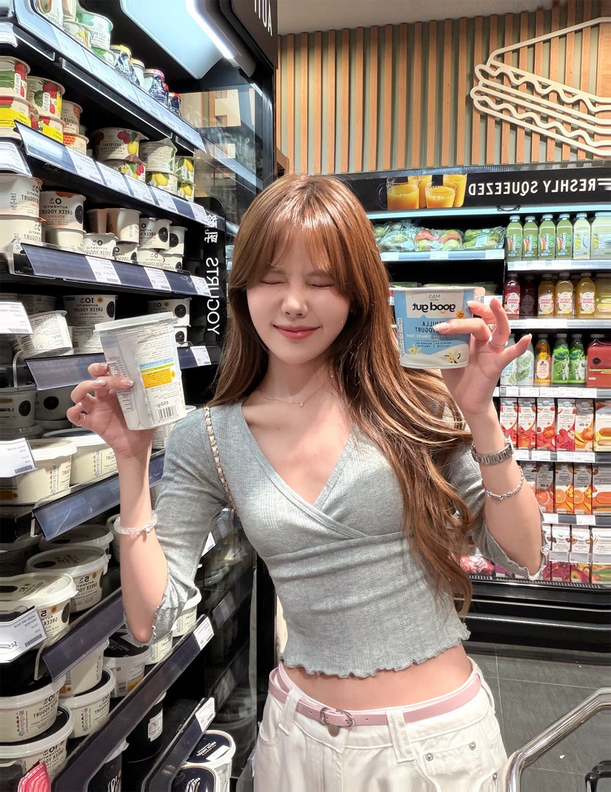 yookson 빛 산소 soft 아름다움 센스 한 부서 부드러운 십자가 칼라 웨이브 측면 몸매 가꾸기 중간 소매 맨위 상세 이미지 11