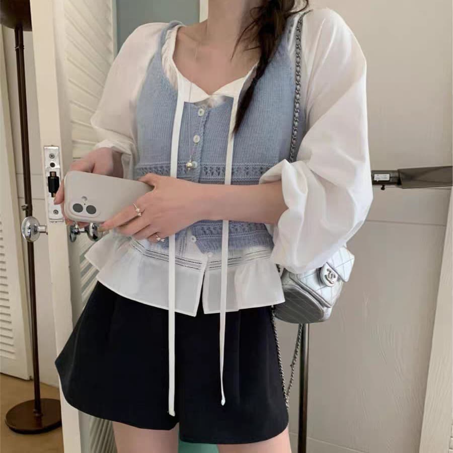 한 부서 연령 감소 파란색 얇은 스타일 니트 슬립 오픈 가디건 여성 짧은 이른 가을 스택 착용 홀로우 아웃 작은 베스트 조끼 맨위 이미지 4