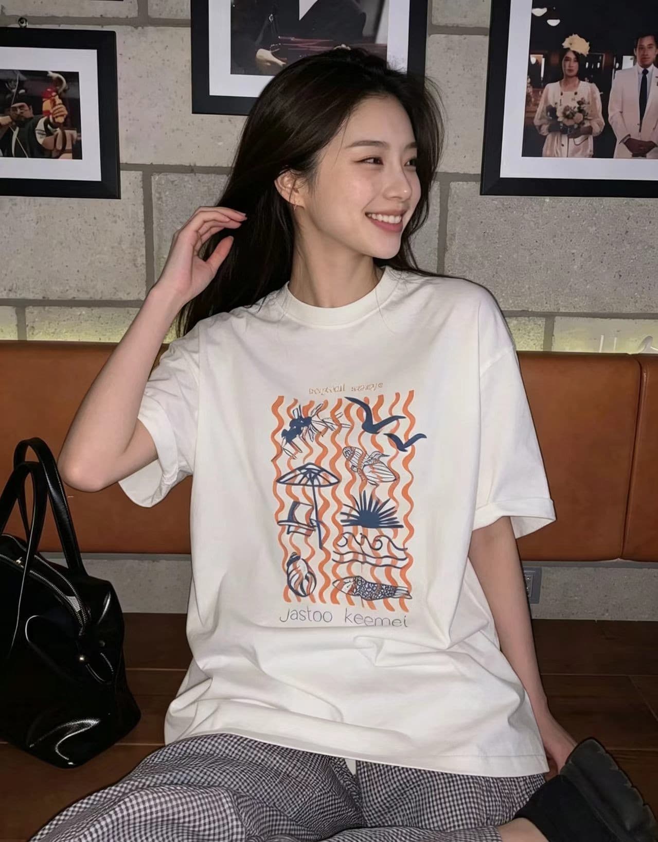 한 부서 달콤함 ins 학원 스타일 루즈핏 캐주얼 순면 무거운 반팔 티셔츠 여성 동물 회화 트렌디 상세 이미지 3