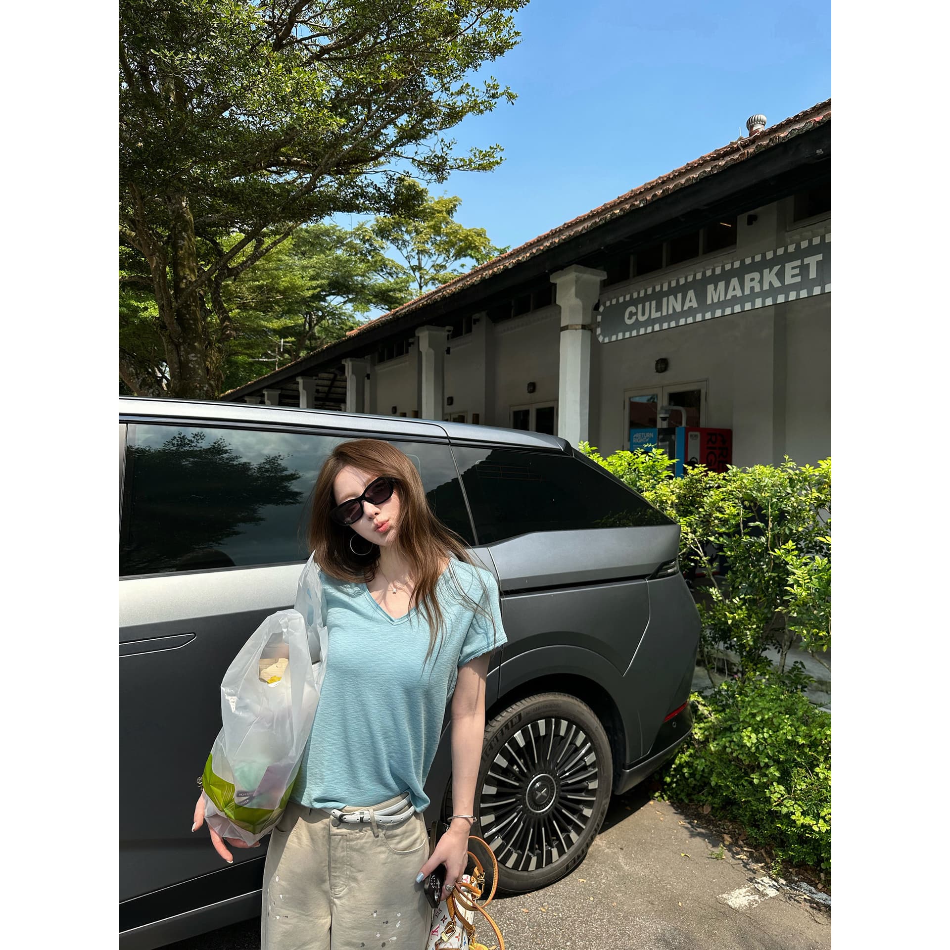 goo goo eyes V넥 연삭 털 깨진 하고있는 동안해라. 오래된 면화 티셔츠 여성 여름 느긋한 산소 센스 반팔 맨위 상세 이미지 2