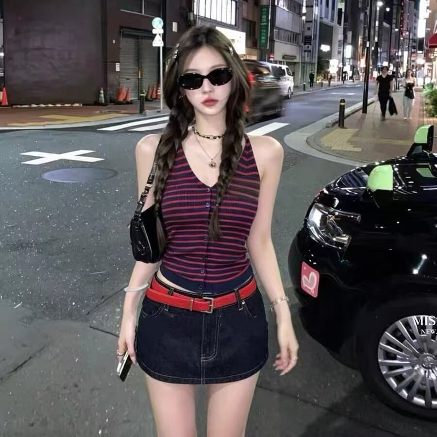 아메리칸 레트로 스트라이프 V넥 니트 조끼 여성 여름 고급 센스 품격 캐주얼 다용도 슬림해 보이는 민소매 맨위