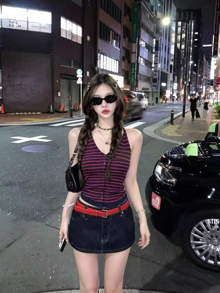 아메리칸 레트로 스트라이프 V넥 니트 조끼 여성 여름 고급 센스 품격 캐주얼 다용도 슬림해 보이는 민소매 맨위 상세 이미지 1
