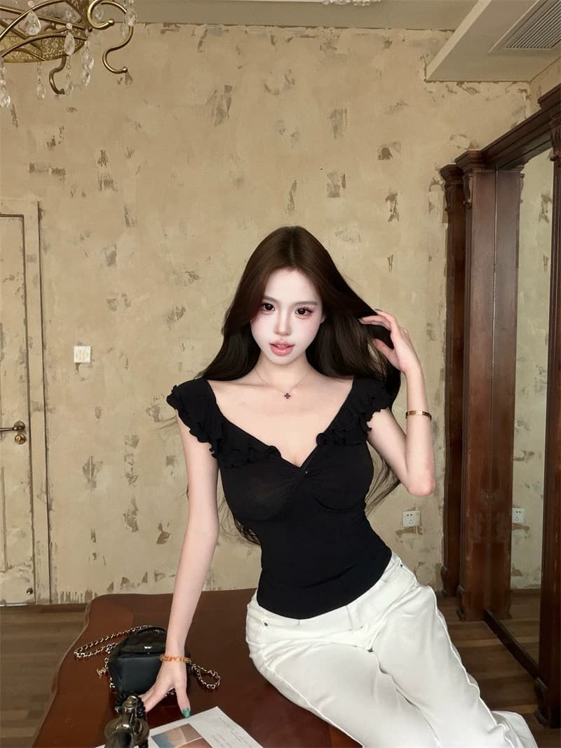 한 부서 착용 가져 가라. 섹시함 낮은 네크라인 비틀림 핑크색 반팔 티셔츠 여성 여름 순수한 욕망 바람 달콤한 핫걸 오프숄더 맨위 상세 이미지 3