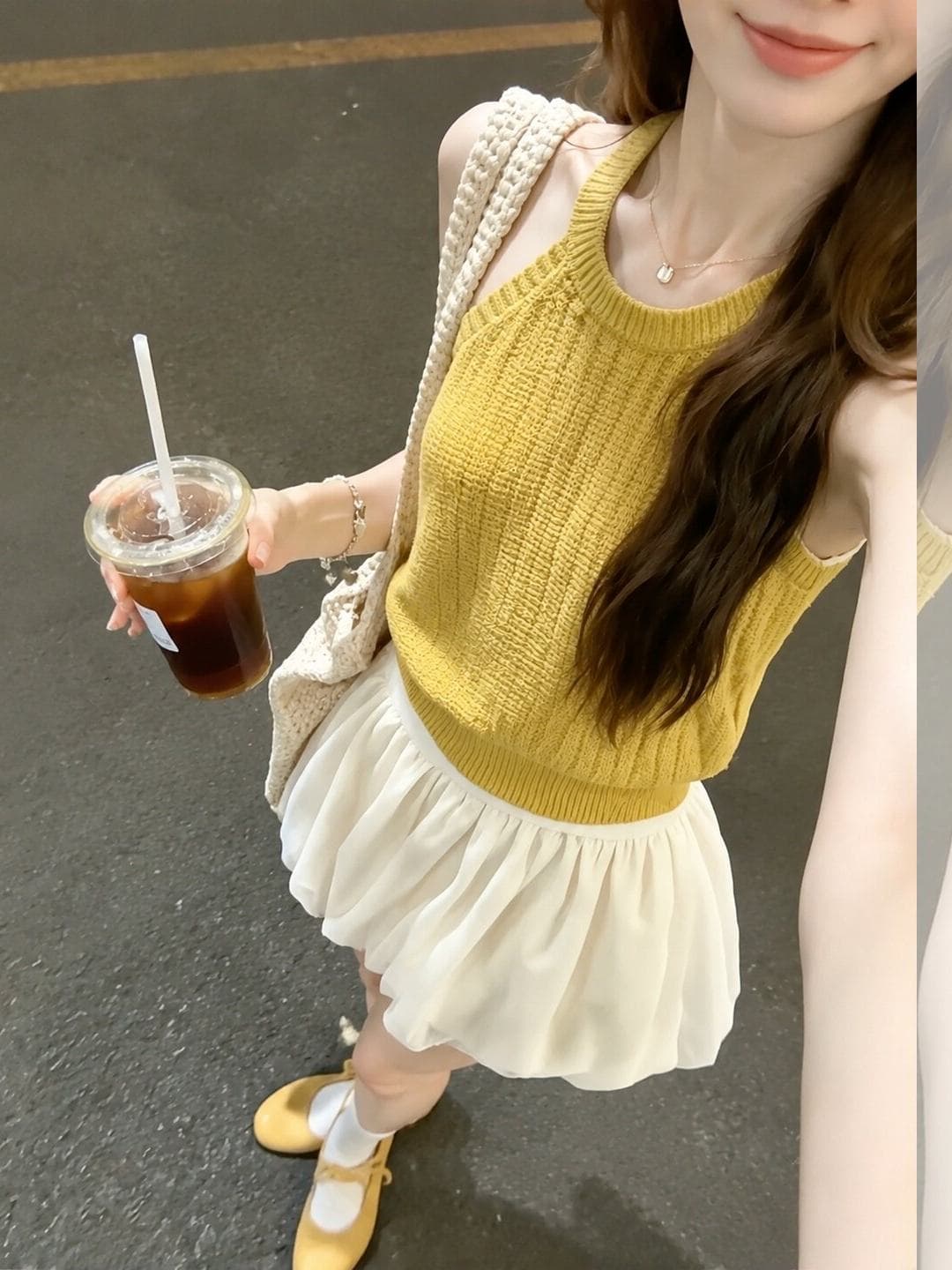 황색 행침 목 니트 조끼 여성 여름 외출용 2026 새로운 구덩이 기사 신선함 소녀 센스 여름 도파민 착용 가져 가라. 상세 이미지 5